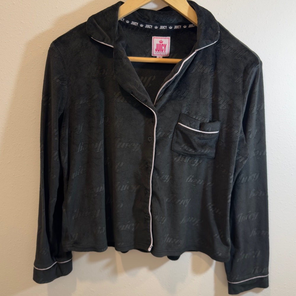 Juicy Couture Velour Black Small Long Sleeve Sleepwear Y2K Lounge Button Up